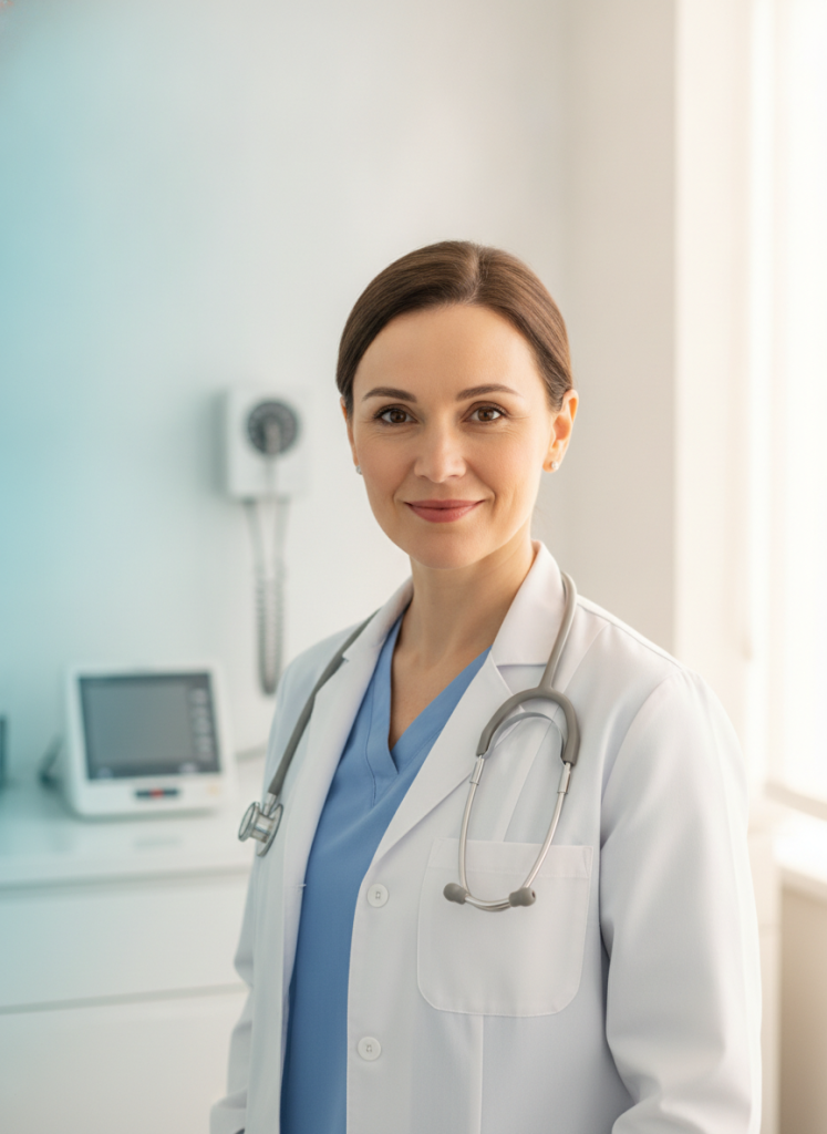 Portrait of a confident female cardiologist in a bright clinic