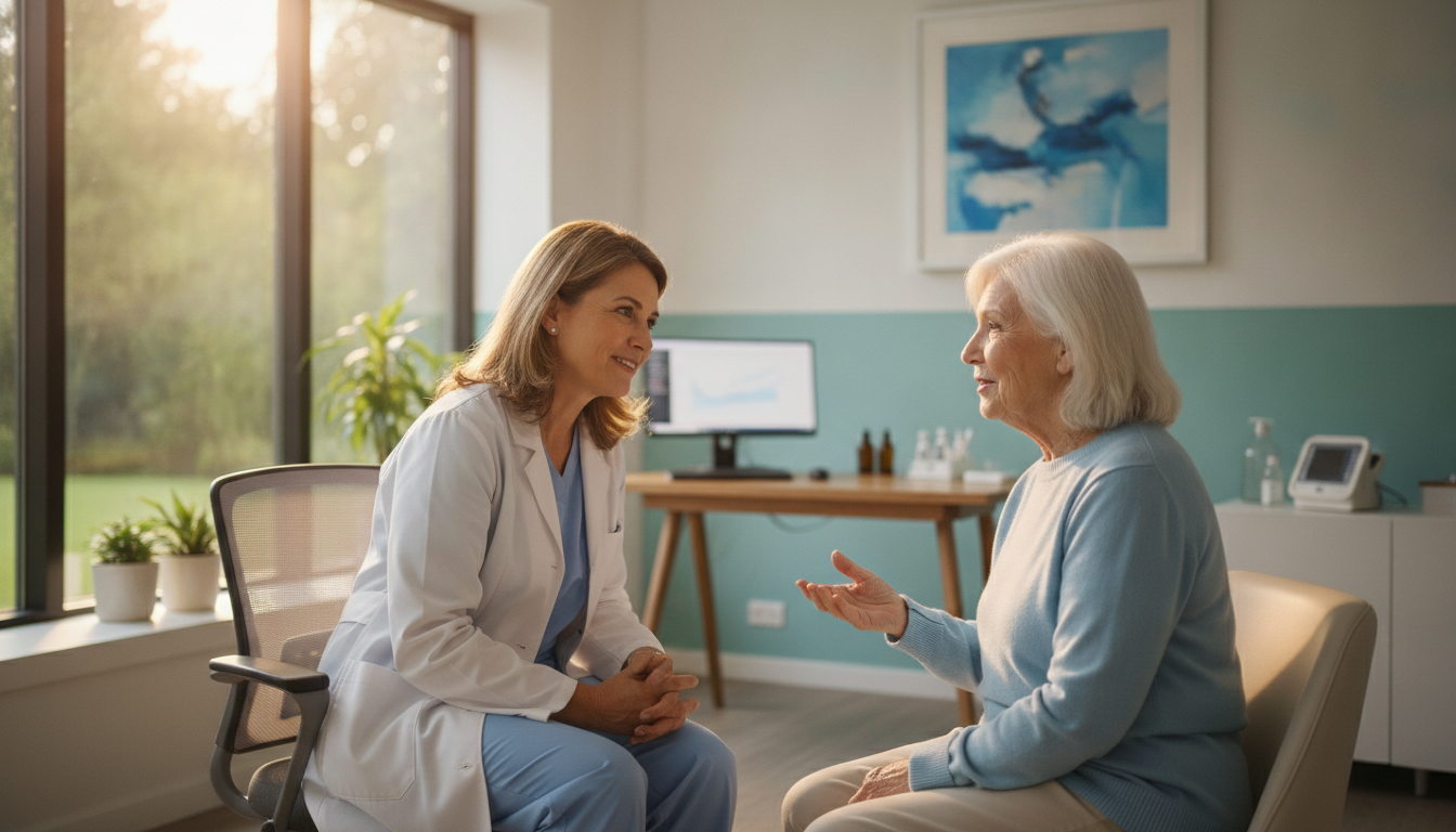 A doctor listens warmly to a patient in a bright, calm consultation room