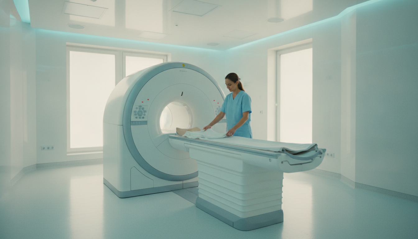 Modern diagnostic imaging suite bathed in calm teal light
