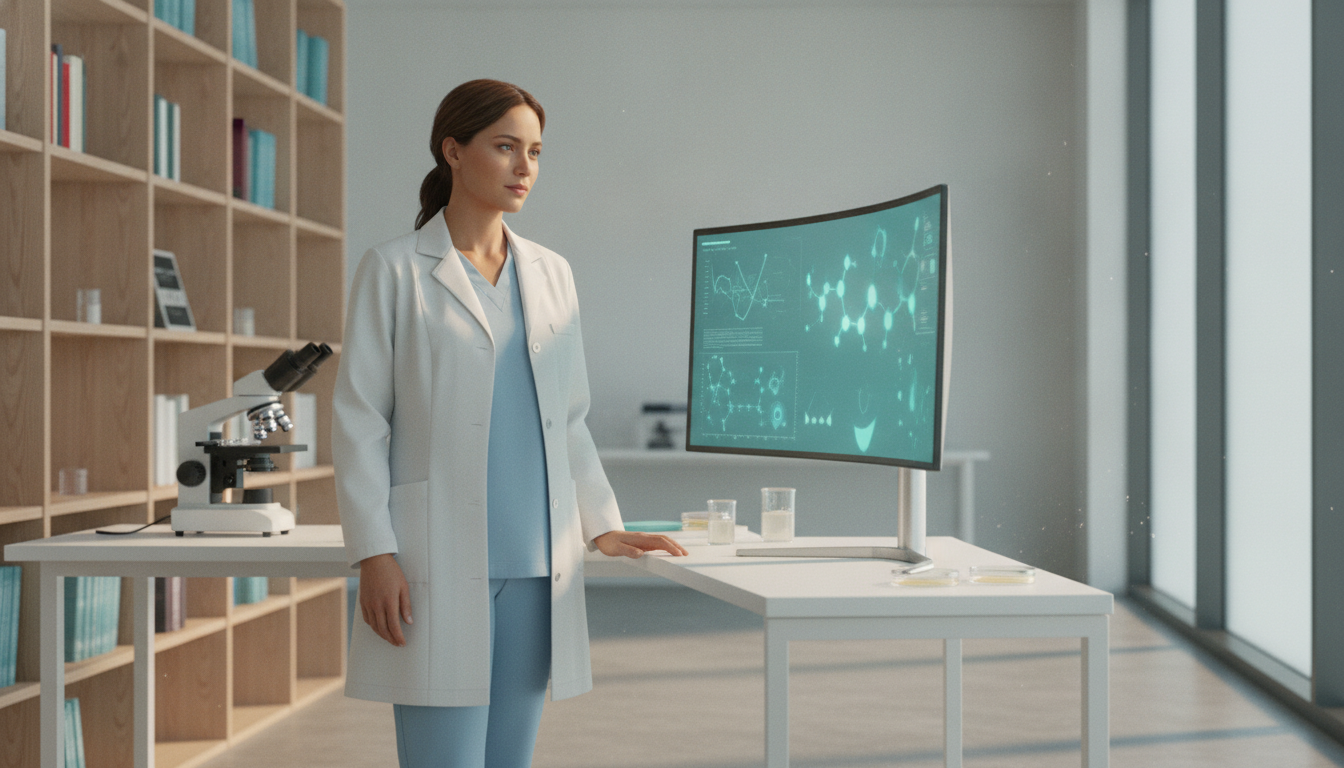 A specialist studies results on a bright screen in a sunlit lab