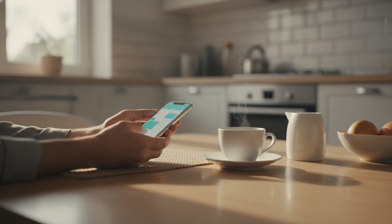 A hand books a clinic appointment on a phone over coffee