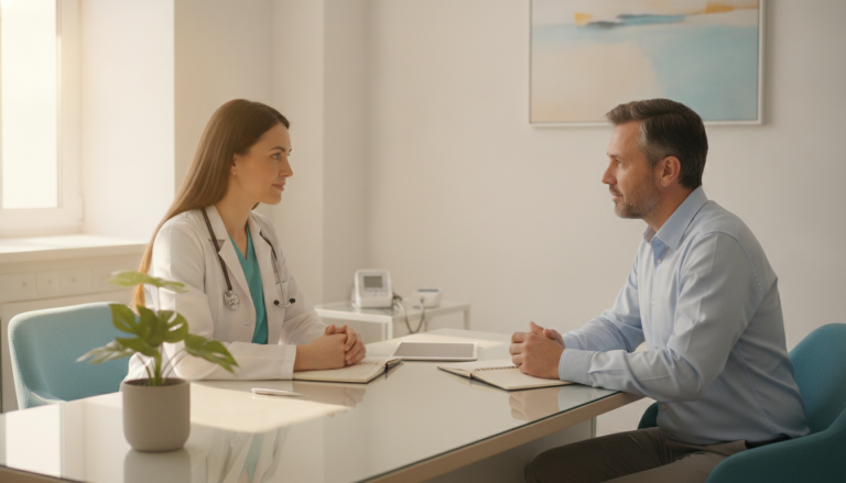 Doctor and patient talking as equals across a sunlit desk
