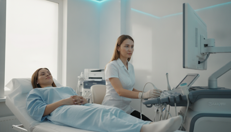 An ultrasound examination in a softly lit modern room
