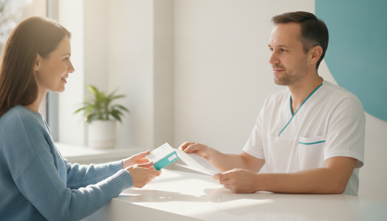 A pharmacist explains a simple treatment plan with a smile