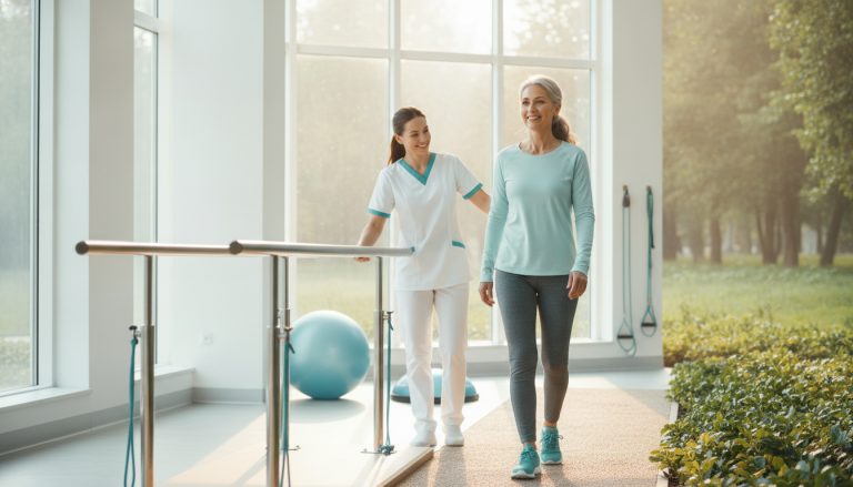 A patient walks in a sunlit park, recovering strength