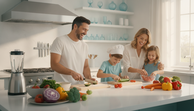 A family cooks a healthy meal in a bright kitchen