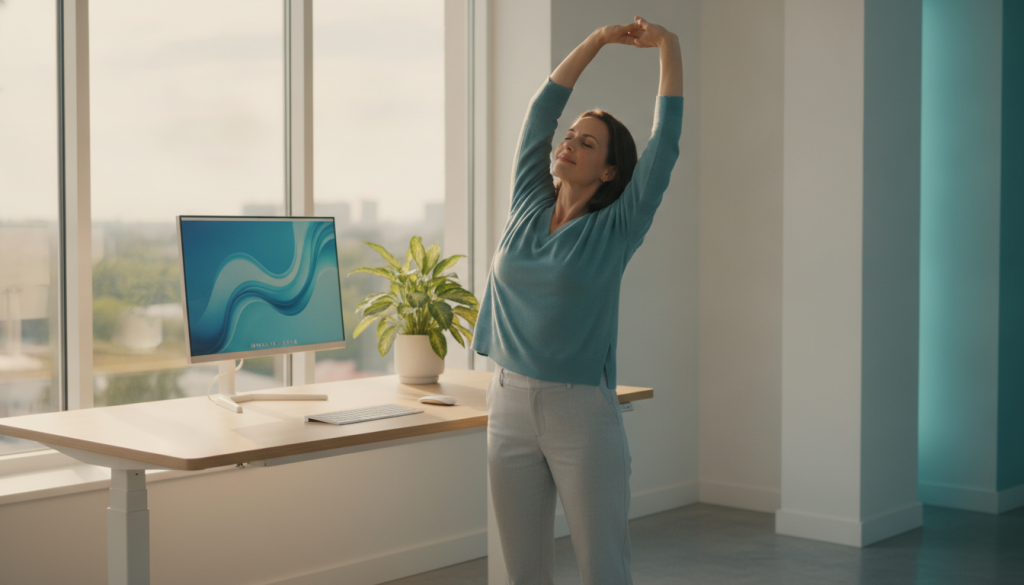 A person stretches at a bright standing desk