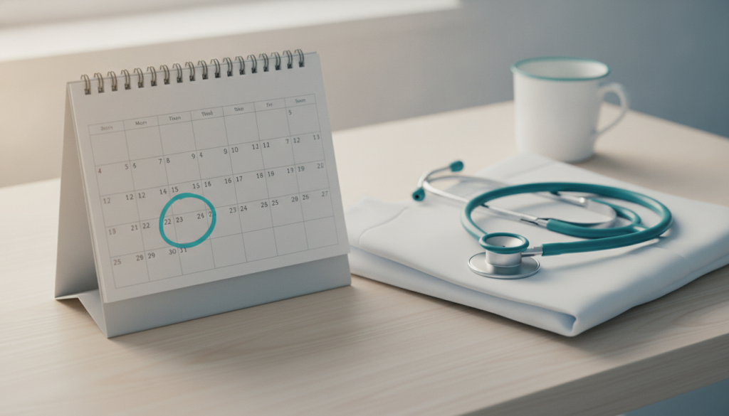 A calendar page and stethoscope suggesting a yearly check-up